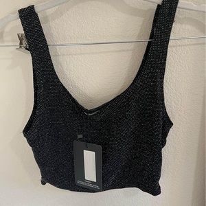 Prettylittlething black textured glitter crop top size 4 NWT